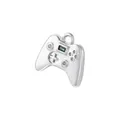 Detailed close-up of a silver gamepad pendant with a green gemstone and micro-inlaid diamonds - White Gold Colorful Zirconia Game Console Style (VD1875)