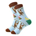 Detail of blue cotton socks featuring cartoon monkey patterns and reinforced heel - One Size / Blue Monkey