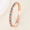 Elegant rose gold bangle featuring rainbow zircon stones and double-row white crystal accents - Rose Gold - Multicolor Zircon