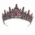 Vintage bronze tiara with intricate filigree and red teardrop crystals for weddings - Ancient Gold Black Red