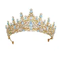 Golden wedding crown with light blue crystals and water drop gemstone for women - Gold Base Opal Blue
