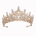 Elegant gold alloy crown for weddings featuring sparkling teardrop and floral rhinestones - Gold / White Zirconia