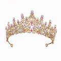Golden crown with pink teardrop crystals and white rhinestones for wedding party - Gold / Pink