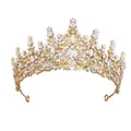 Elegant gold bridal tiara with colorful AB rhinestones in vintage pointed crown design - Gold Base AB Multicolor