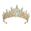 Baroque gold crown with light blue rhinestones for weddings and pageants - Gold Base Mint Green