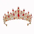 Baroque gold crown with large red rhinestones and clear crystals for wedding and prom - Gold / Red