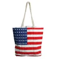 Canvas tote bag with American flag print and thick cotton rope handles for travel - Red & Blue