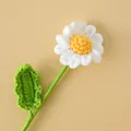 Handmade crochet white daisy flower with yellow center and green stem for home decoration - White