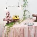 Rustic tiered wooden dessert stands displaying strawberries and sweets for party decor - 90x180cm / Peach