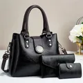 Three-piece black glossy PU leather handbag set with shoulder strap and metal buckle - Tote And Clutch And Card Holder / Black