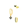Vergulde S925 zilveren oorbellen set met zwarte klaverhangers en glanzende strassteentjes - Zwarte Zirconia Set / Goud