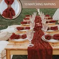 Terracotta cheesecloth table runner and 10 matching napkins set with golden rings - 90x180cm / Rust red