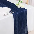 Dark blue cheesecloth table runner with wrinkled texture for boho wedding party decor - 90x180cm / Navy Blue