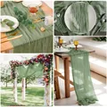 Sage green cheesecloth table runner with natural pleated texture for wedding decor - 90x180cm / Green-Gray