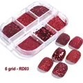 Vista dettagliata del set di 6 glitter per unghie rossi con paillettes e campioni - Stile RD03 / Scatola a 6 scomparti