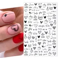 Adesivi per unghie 3D F636 con cuori neri e scritte per manicure artistiche creative - Lettere Cuore Bianco e Nero (F636)
