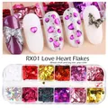 Paillettes à ongles en cœur laser RX01 dans une boîte à 12 compartiments, tailles mixtes - 12 Grilles Paillettes Cœur-RX01 (Taille Mixte)