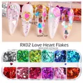 Coffret paillettes ongles cœurs holographiques RX02 avec 12 tailles en boîte claire - 12 Grilles Paillettes Cœur-RX02 (Taille Mixte)