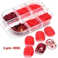 Set glitter per unghie rosso RD02 a 6 scomparti con forme assortite per nail art festiva - Stile RD02 / Scatola a 6 scomparti