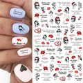 F833 Nagelaufkleber mit russischem Text, roten Herzen und schicken Frauenporträts - Russisch Mode Dame Stil (F833)