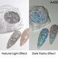Silver holographic nail glitter powder in natural light and dark flash effects - AA-02