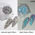 Silver reflective hexagonal nail glitter powder AA04 showing natural and flash effects - AA-04