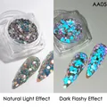 Holographic hexagonal nail glitter in light blue and yellow, shade AA05, in natural and flash light - Diamond Reflective Powder Aa-05