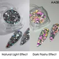 Iridescent hexagon nail glitter AA08 showing natural and dark flashy light effects - Diamond Reflective Powder Aa-08