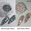 Reflective nail glitter AA12 in square jar with natural and dark flash effect view - Diamond Reflective Powder Aa-12