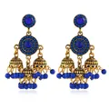 Vintage Jhumka earrings in antique gold finish with blue beads and crystals - Antique Gold Royal Blue