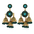 Vintage gold-finish bohemian tassel earrings with turquoise stones and green beads - Antique Gold Green