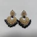 Vintage bohemian gold hollow earrings with black bead tassels in ethnic indian style - Black & Gold Tone