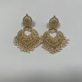 Bohemian gold hollow heart earrings with intricate bell drop and white pearls - Light KC Gold