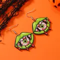 Spooky Halloween earrings featuring green lips and bloody eyeballs on orange background - Green Lips Eyeball Style (WEH3736GN-S)