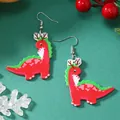 Süße rote Acryl-Dinosaurier-Ohrringe mit Rentiergeweih und festlicher Weihnachtsschleife - Roter Geweih-Dinosaurier
