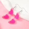 Pink heart-shaped acrylic earrings with silver glitter and classic silver hooks - Hot Pink Double Heart Style (WEH3940)