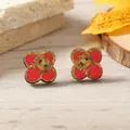 Traditional Chinese style red wooden flower stud earrings with golden dragon patterns - Red