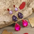Starry purple geometric earrings with multicolored gems and golden metal drops - Mixed Purple Rose Red