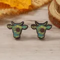 Pendientes de madera con cabeza de toro y patrón de girasol en un estilo rústico - Estilo Girasol Azul Claro (WEH4310)