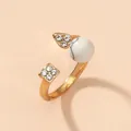 Adjustable gold ring featuring white turquoise stone and sparkling cubic zirconia crystals - White (HJ11551)