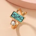 Gold open adjustable toe ring featuring a rectangular turquoise stone and a clear crystal - Rectangular Turquoise Style / Turquoise Blue (HJ11543)