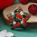 Spilla natalizia vintage stella e luna con strass rossi e verdi su base in bronzo - Stella Luna Oro Antico Multicolore (BR1358)