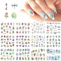 Set of 12 nail art stickers with watercolor flowers and butterflies on light blue nails - Watercolor Floral And Vegetation Style (BN1753-1764)