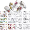 Water transfer nail stickers set with colorful floral, feather and butterfly designs - Bohemian Ink Style (BN1441-1452)