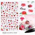 Adesivi per nail art con rose rosse, foglie verdi e testo in stile calligrafico - Stile Lettera Rosa Romantica (F629)