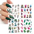 Adesivi per nail art con motivi floreali, foglie tropicali e ritratti in stile vintage - Ritratto Retrò Foglie Verdi (I-12)