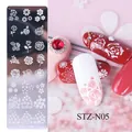 Piastra per stamping unghie STZ-N05 con motivi floreali e esempi di nail art finiti - Stile cespugli di rose (STZ-N05)