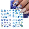 Adesivi per unghie con fiori blu e motivi di rose e farfalle per la manicure - Peonia Blu Rosa Farfalla (I-19)