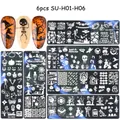 6-teiliges Halloween-Nagelstempel-Platten-Set mit Totenkopf- und Kürbisdesigns - Halloween-Serie Stil (SU-H01-06)