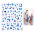 Adesivi per unghie con fiori blu modello CA-707 con petali delicati e foglie verdi - Floreale Foglie Blu Viola (CA707)